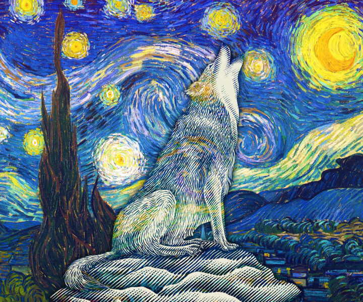 Vincent van Gogh Starry Night Painting Wolf Howling 绘画, 20x24 in