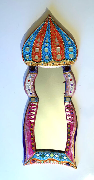 miroir mural indien "Raja" peinture et mosaïque 设计, 36.6x13.4 in