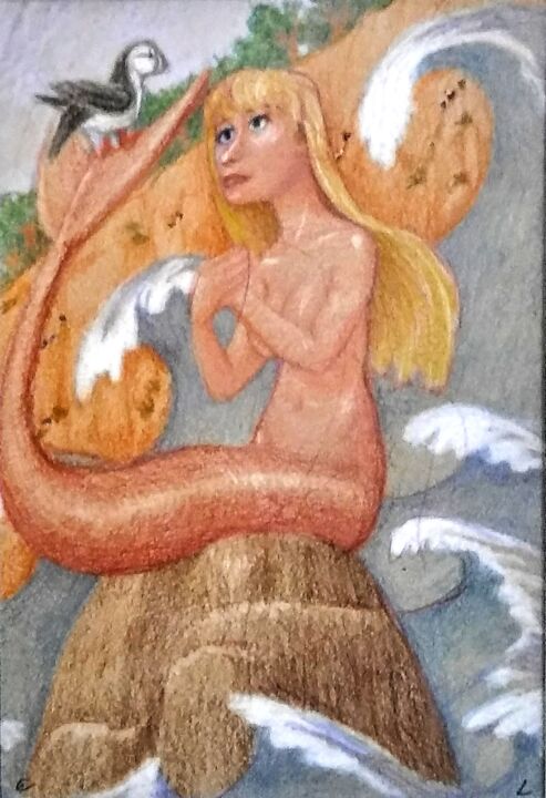 Mermaid with Puffin 图画, 8x6 in