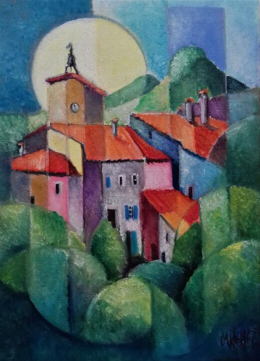 Autour du clocher de Monoblet 绘画, 13x8.7 in
