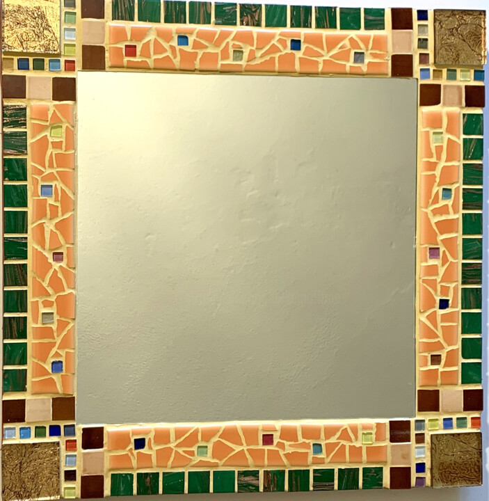 miroir mural carré mosaïque orange "soleil vert" 设计, 16.5x16.5 in