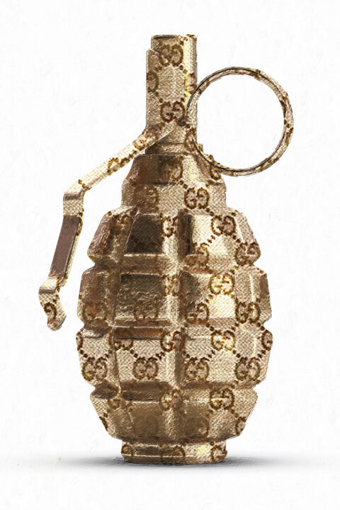 Gucci illustration of gold fragmentation grenade F1 isolated 绘画, 24x16 in