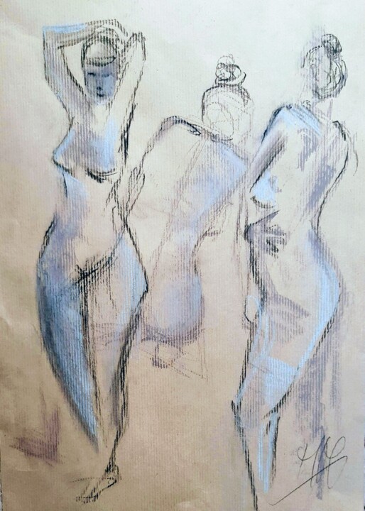 Peinture intitulée "Nu 4 duo" par Marie Pascale Martins, Œuvre d'art originale, Craie