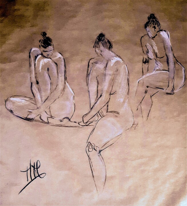 Dessin intitulée "Nu 3 poses" par Marie Pascale Martins, Œuvre d'art originale, Craie