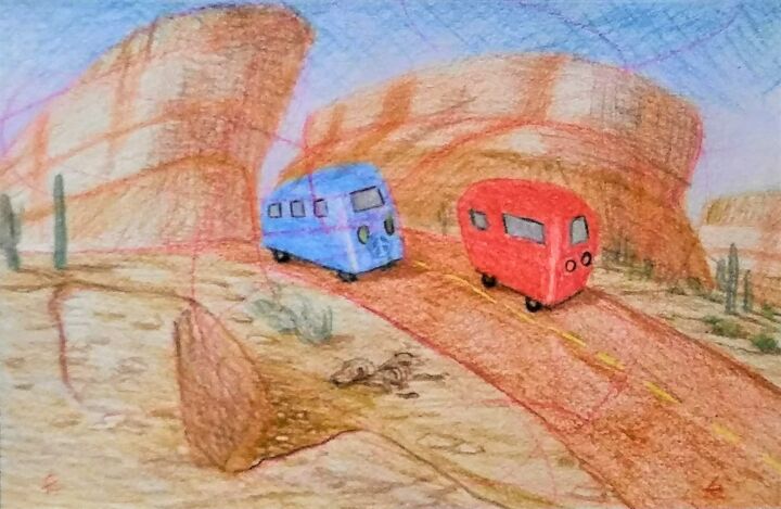 Minivans Passing on a Desert Road 图画, 5.5x8 in