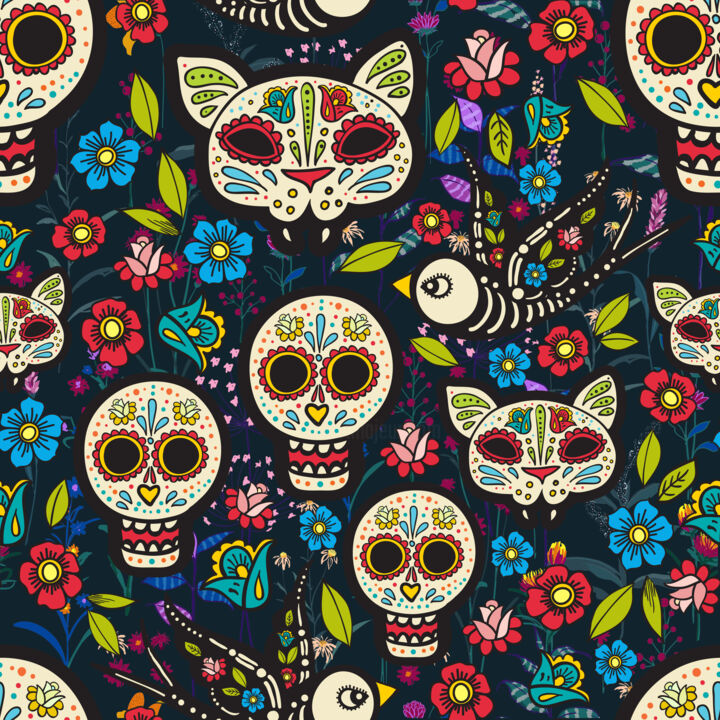 Day of the Dead Cat Sugar Skulls Pattern 绘画, 20x20 in