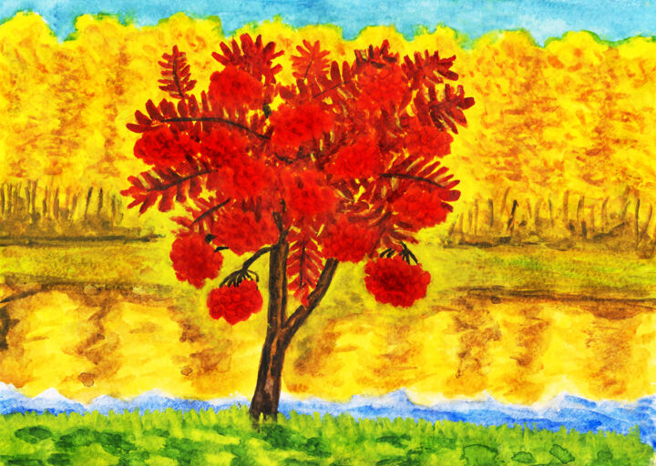 Autumn landscape with ashtree (rowan tree) Painting, 7.9x11.8 in