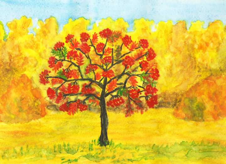 Autumn landscape with ashtree (rown tree) 2 绘画, 7.9x11.8 in