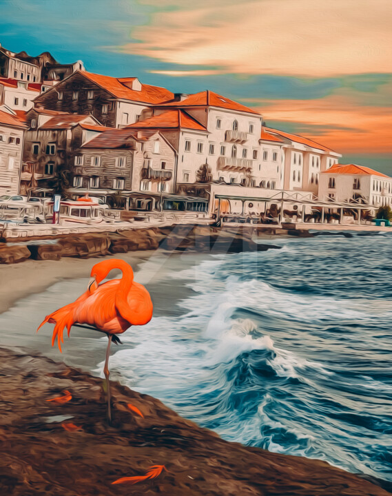 Flamingos on the seashore near the old town. 数字艺术
