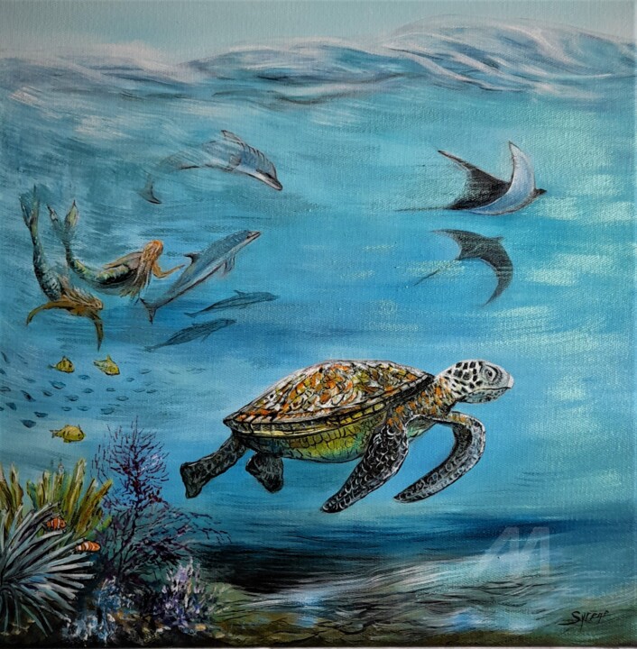 Ballade de la tortue 绘画, 15.8x15.8 in