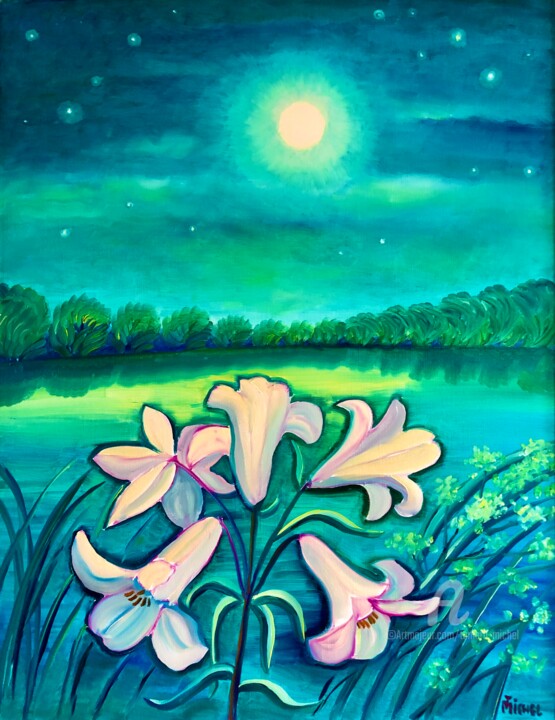 Lilien bei Vollmond 绘画, 35.4x27.6 in