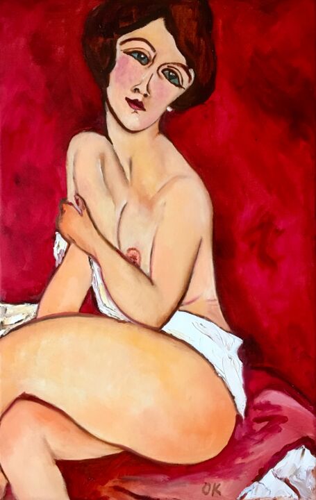 Red Nude inspired by Amedeo Modigliani portrait 绘画, 22x14.2 in