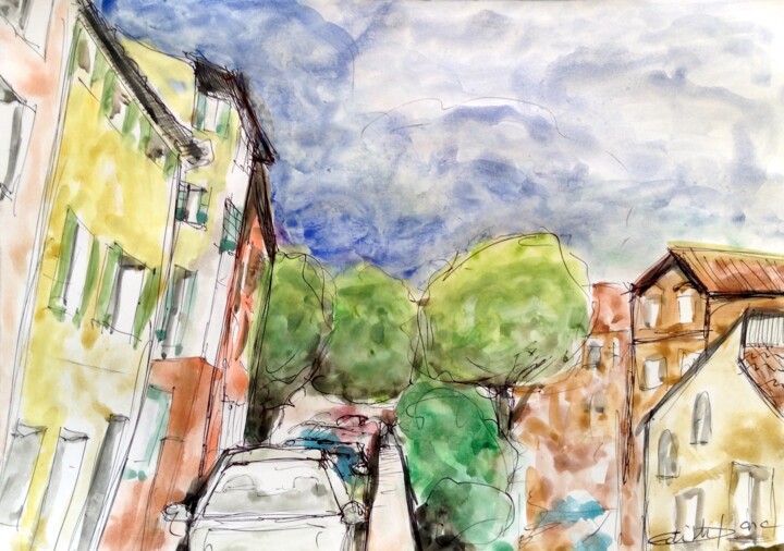 Drawing titled "Rue Barbacane à Hyè…" by Edith Bos Boyer (EDITH DONC), Original Artwork, Watercolor