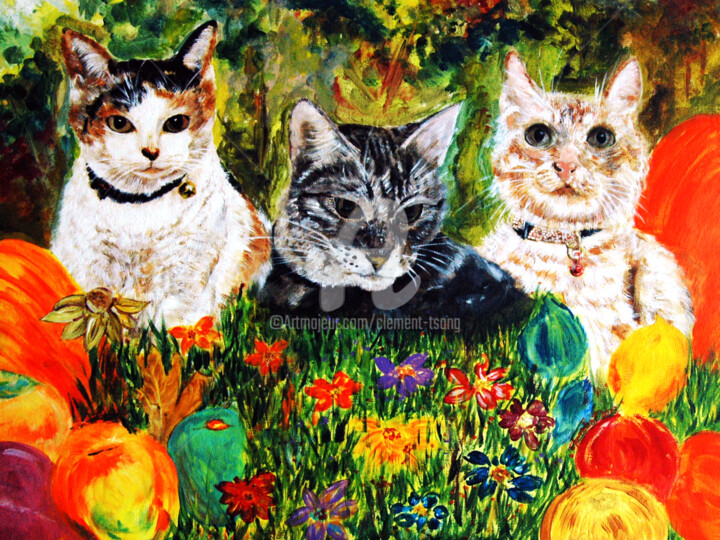 S-Three Cats in the Garden 绘画, 24x32 in