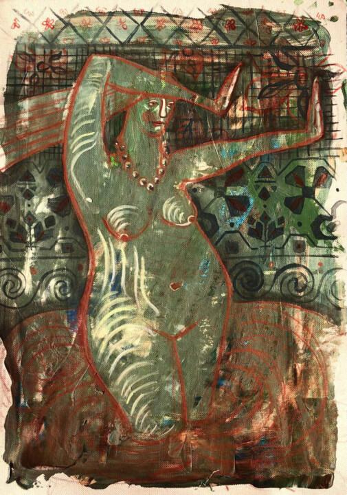 Goddess of water small green painting 绘画, 11.8x8.3 in