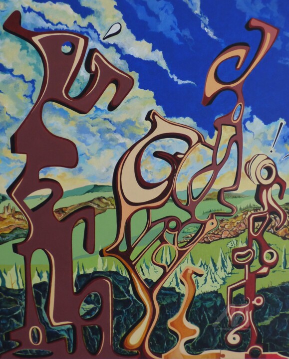TROIS PERSONNAGES DANS UN DÉCOR CIEL ET MONTAGNES 绘画, 24x19.7 in