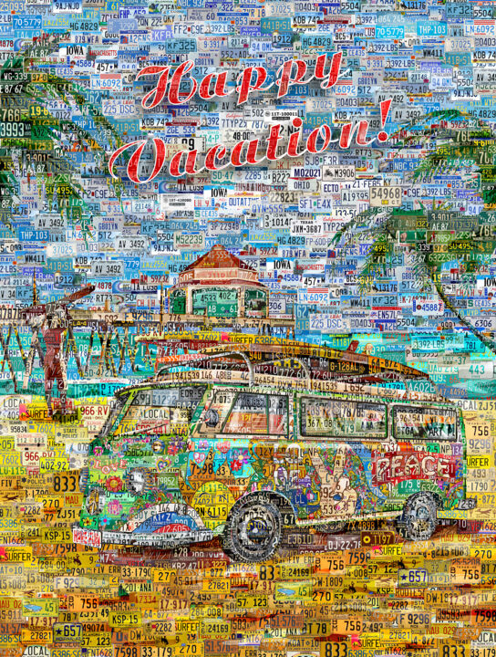 Happy Vacation Collage Made Out Of Car License Plates. 数字艺术, 30x24 in