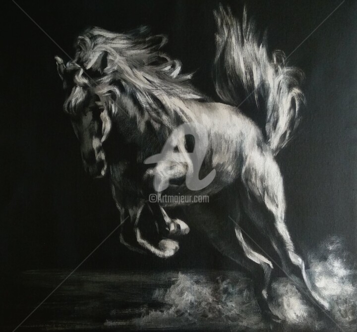Running Horse Wild Energry minimalistic art Black & Silver 绘画, 19.7x19.7 in
