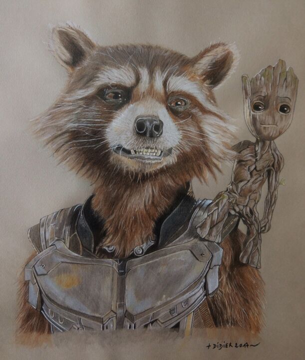 Rocket Raccoon, Baby Groot - Guardians of the Galaxy, vol 2 绘画, 13.8x11.8 in