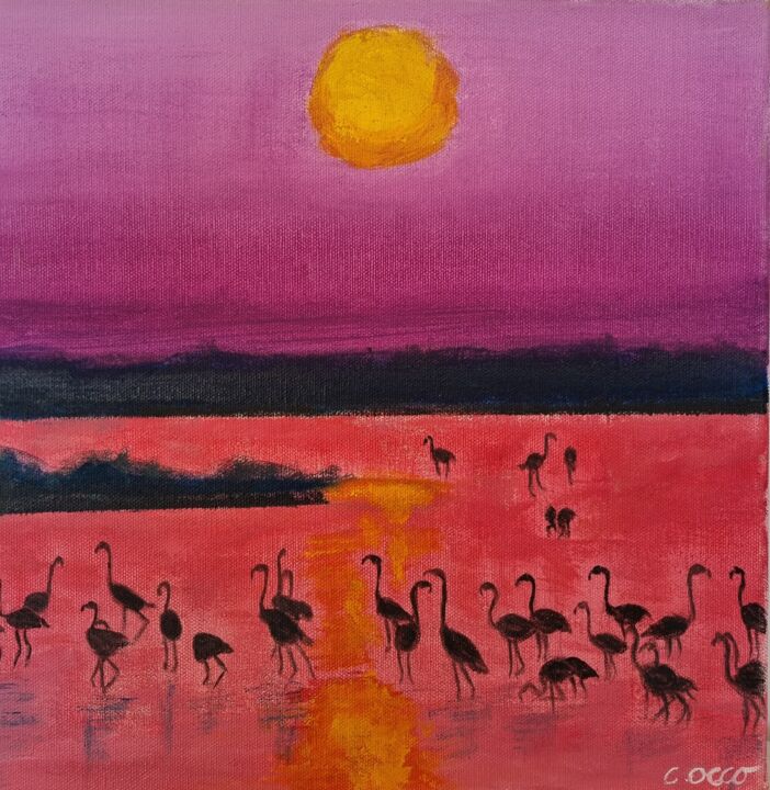 Flamants au couchant 绘画, 11.8x11.8 in