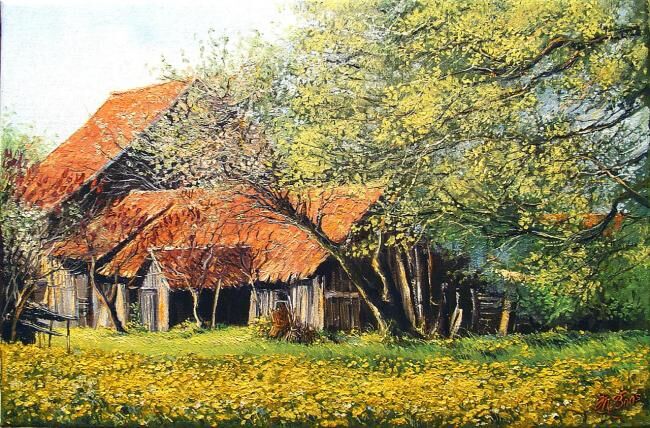 Peinture intitulée "Grange Alsacienne" par Marcel Boos, Œuvre d'art originale