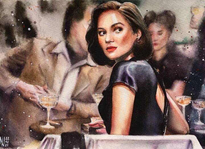 Allied movie scene with Marion Cotillard 绘画, 6.3x9.1 in