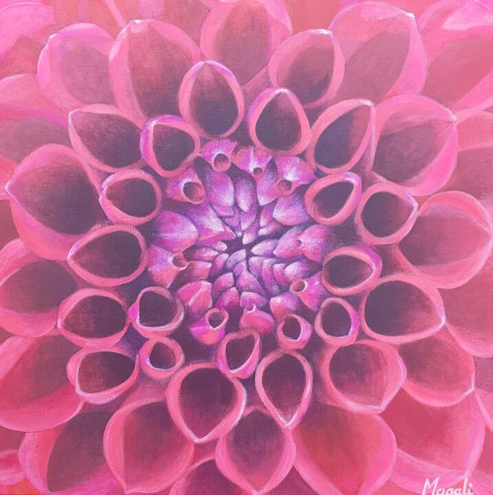 Peinture intitulée "Coeur de dahlia rou…" par Magali Augris, Œuvre d'art originale, Acrylique Monté sur Châssis en bois