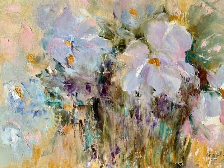 ",, Alpine irises ''" başlıklı Tablo Olga Liutova-Amplatz tarafından, Orijinal sanat, Petrol Ahşap Sedye çerçevesi üzerine m…