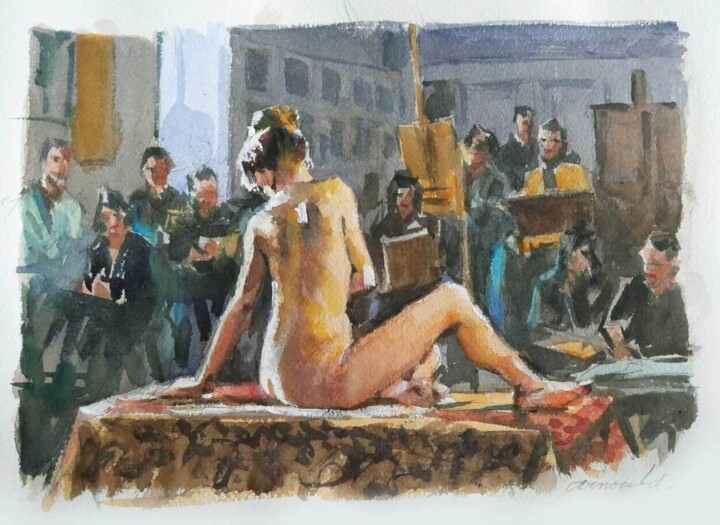 Peinture intitulée "L'atelier du modèle…" par Christian Arnould, Œuvre d'art originale, Aquarelle