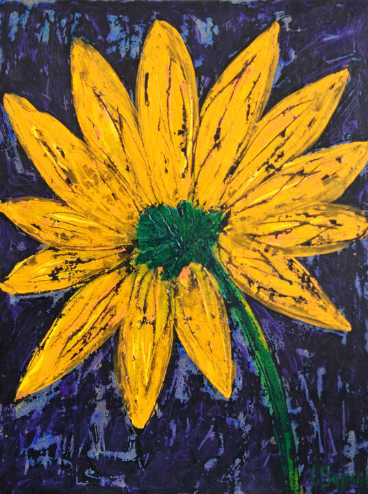 Malerei mit dem Titel "Yellow gerbera pain…" von Iryna Sapsai, Original-Kunstwerk, Acryl