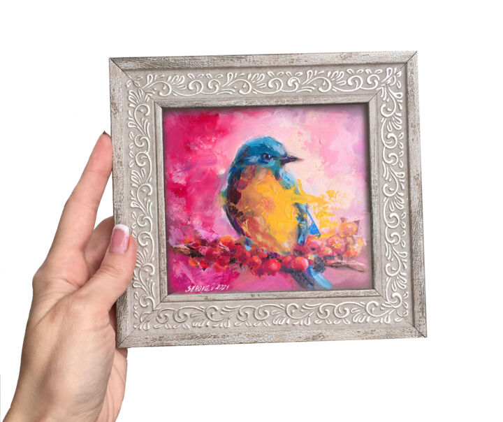 Framed Oil Painting Artwork Small Bird peinture d'oiseau 绘画, 6x7 in