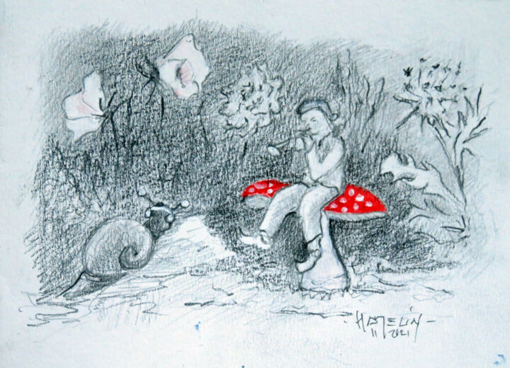 Un korrigan joue du mirliton sur une amanite des césars 图画, 5.9x7.9 in