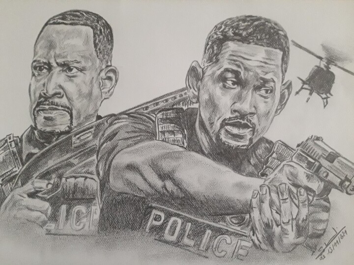 Dessin du film bad boys réalisé au crayon 图画, 11.7x16.5 in