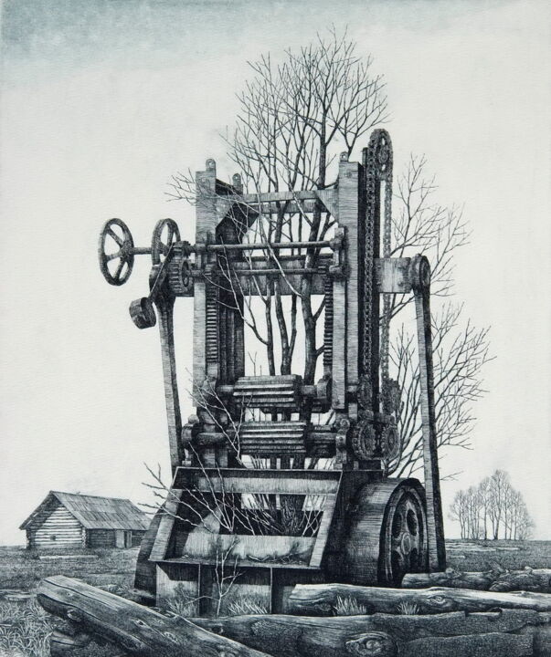 Printmaking titled "Лесопильный станок" by Anatolii Ivanovich Iaroslavtsev 1951 2019, Original Artwork, Engraving