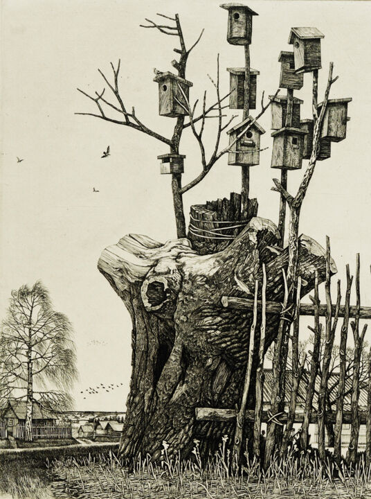 Printmaking titled "Грачи прилетели" by Anatolii Ivanovich Iaroslavtsev 1951 2019, Original Artwork, Engraving