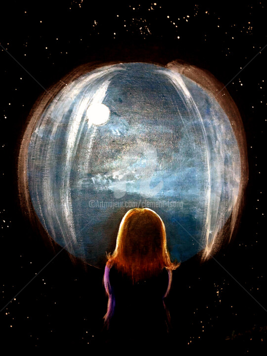 S-Girl Watching the Moon 绘画, 24x18 in