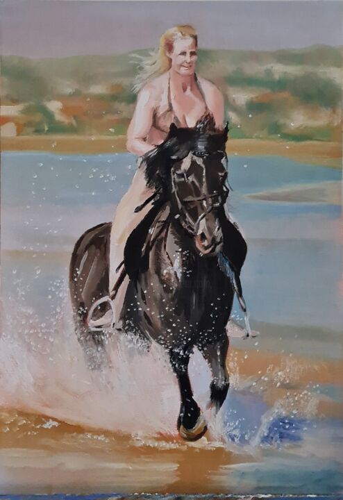 Paddling on the beach 绘画, 16.5x11.8 in