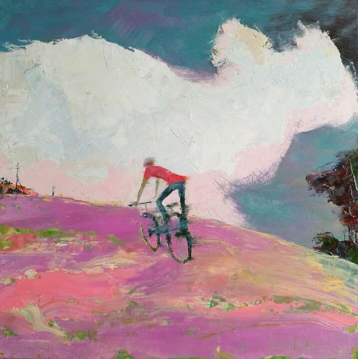 Yoohoo! Cyclist riding in field oil painting. 绘画, 16x16 in