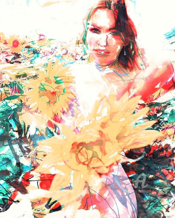 Digital Arts titled "Girl with sunflowers" by Alex Buzunov, Original Artwork, Photo Montage