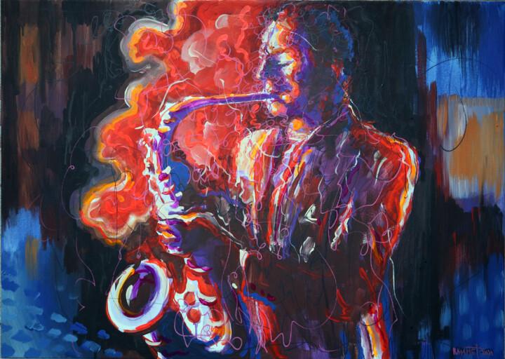 Jazz Saxophonist. Painting, 19.7x27.6 in