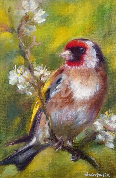 Goldfinch in blooming garden Birds Art Nature Painting 绘画, 11.8x7.9 in