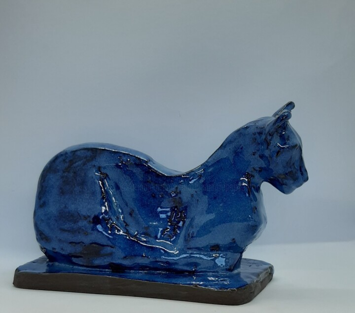 Sculpture intitulée "Chat bleu" par Marie Pascale Martins, Œuvre d'art originale, Céramique