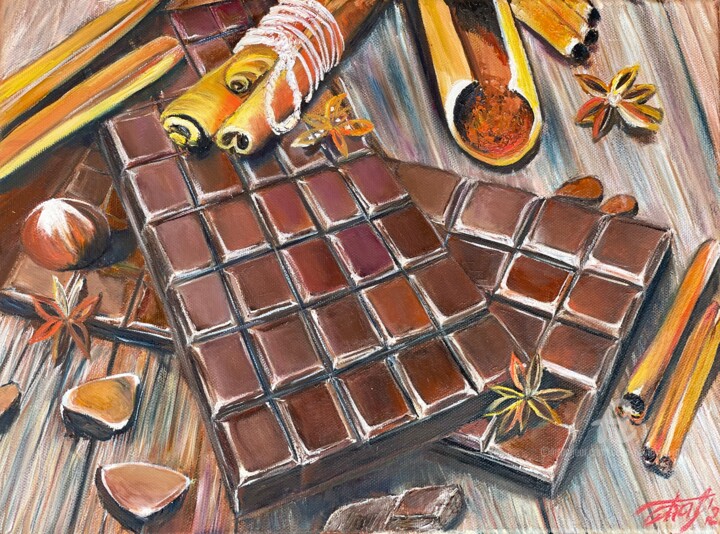 Still life with chocolate, cinnamon and star anise Tablo, 11,8x15,8 in