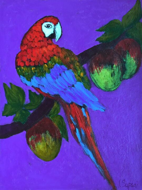 Painting with parrot Macaw. Paintings of birds and fruit. 绘画, 15.8x11.8 in