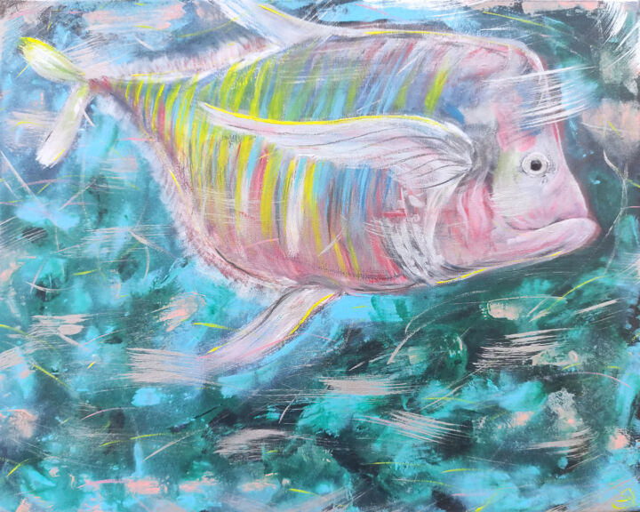 SELENE VOMER Lookdown Fish Painting 绘画, 15.8x19.7 in