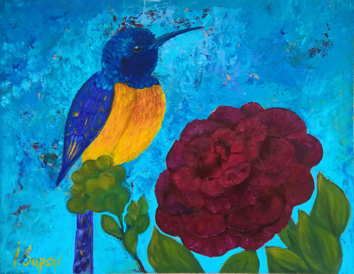 Hummingbird portrait. Oil painting with bird and rose. 绘画, 11.8x15.8 in