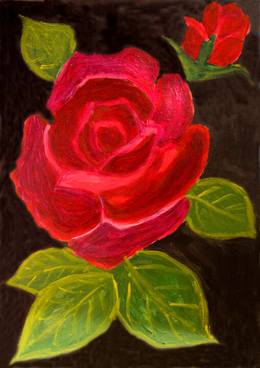 Schilderij getiteld "Red rose on black" door Irina Viktorovna Afonskaa, Origineel Kunstwerk, Olie