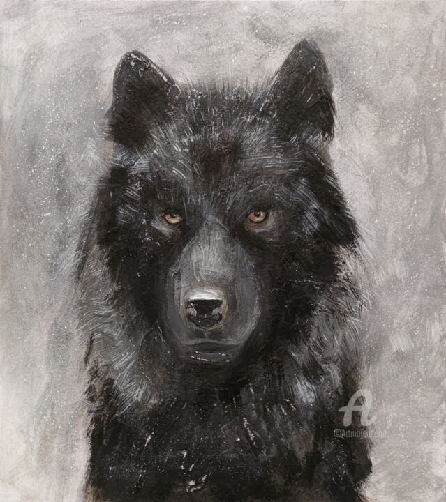 Black wolf original painting 绘画, 26.4x24 in