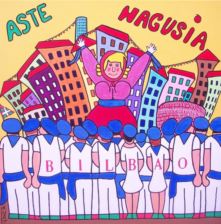 Tableau Naif Fêtes de Bilbao , Aste Nagusia 绘画, 15.8x15.8 in