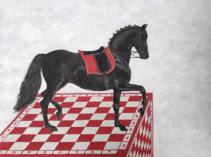 Black horse on a red chessboard 图画, 20.5x28.4 in